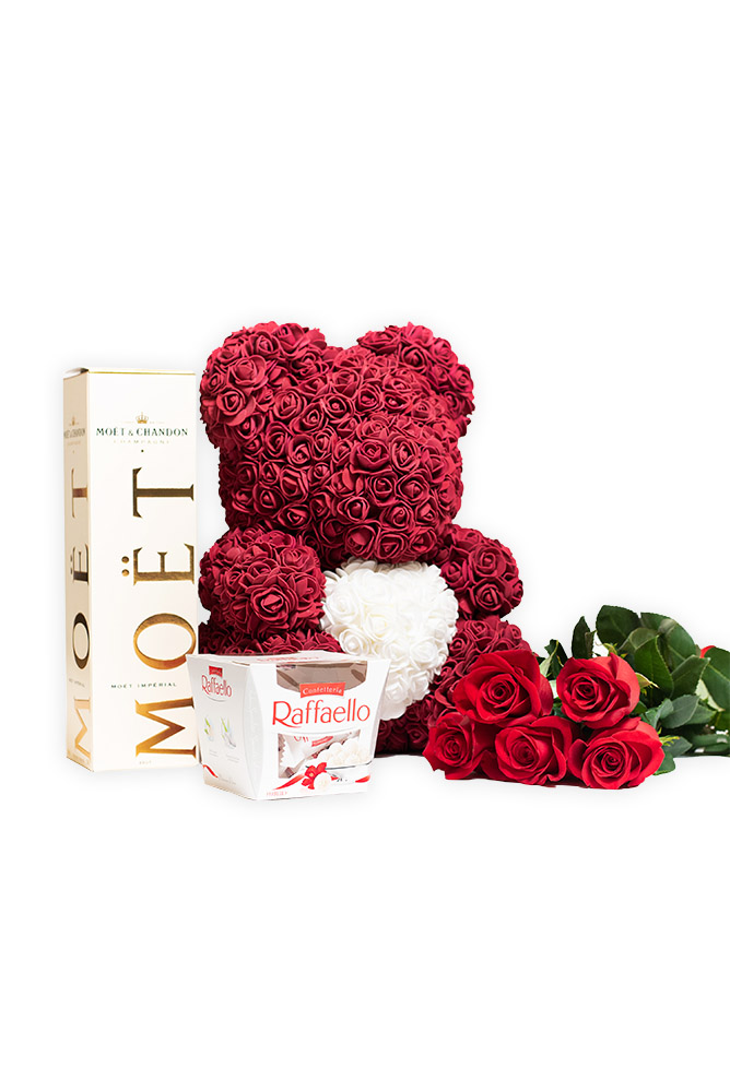 5 růží, velký Rose bear, Raffaello a Moet