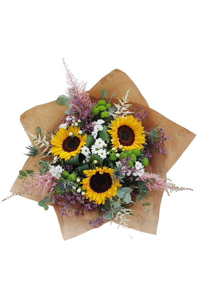 Bohatá kytice slunečnic, santin a drobných květů
