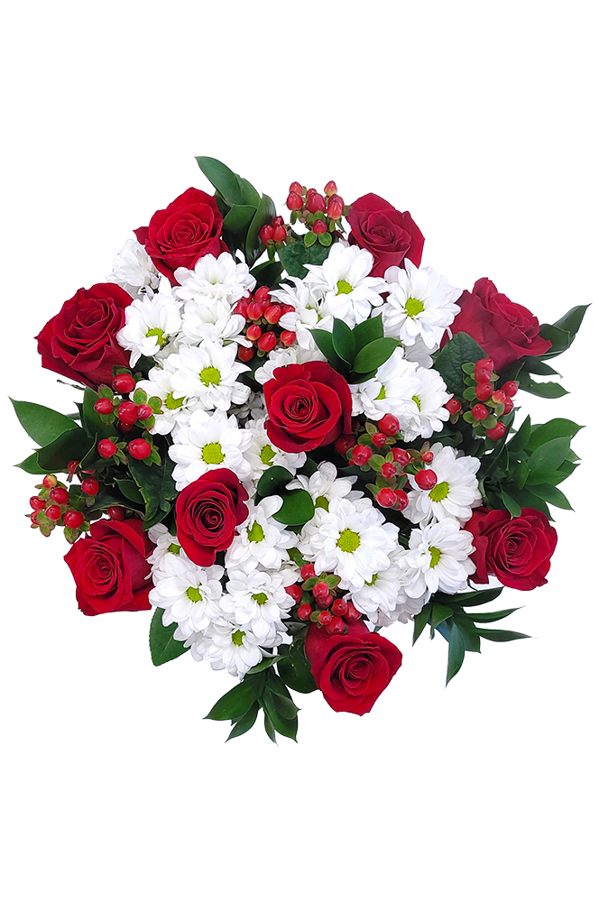 Červené růže s chryzantémami a hypericem
