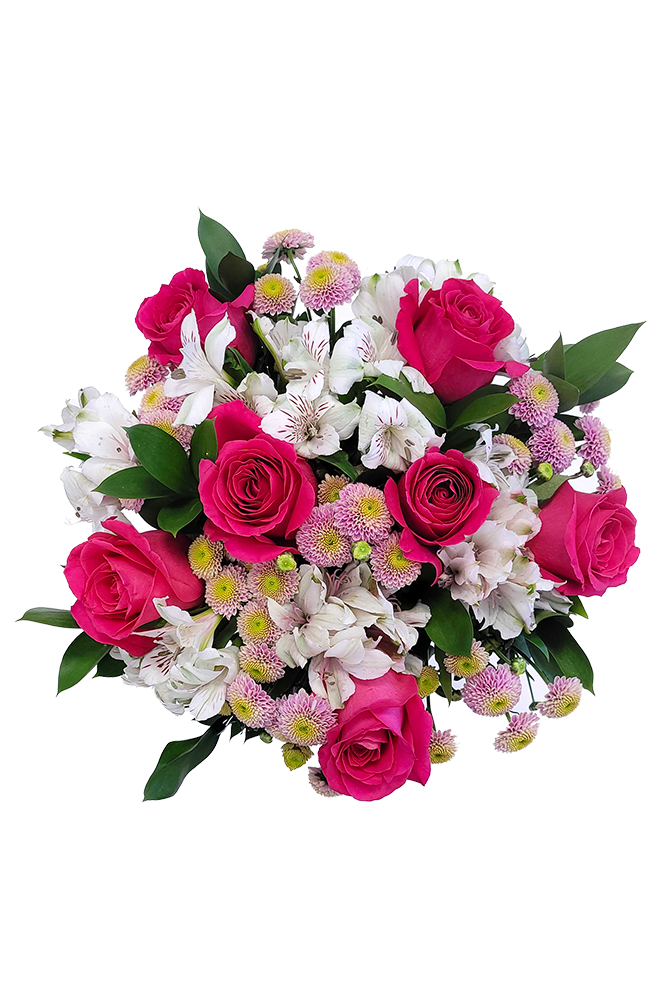 Fuchsiové růže s bílými alstromeriemi a santinkami