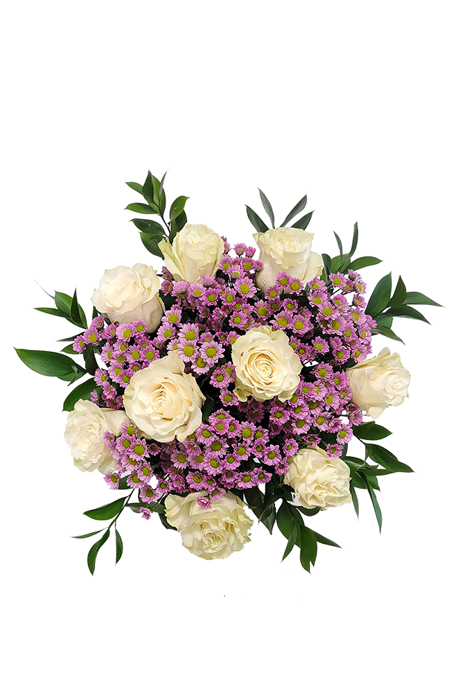 Bílé růže s fialovými santinkami