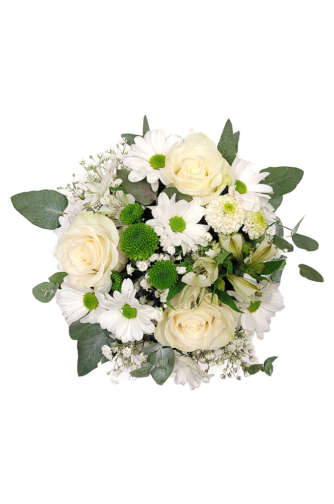 Box s bílými růžemi, chryzantémami a santinkami