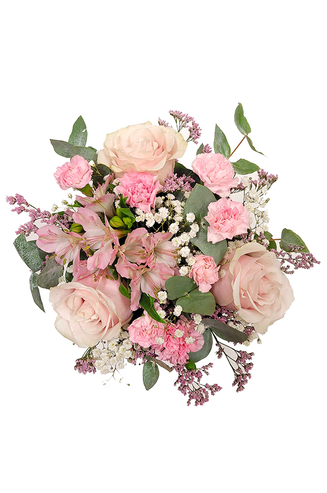 Box s růžovými růžemi, mini karafiáty a eukalyptem