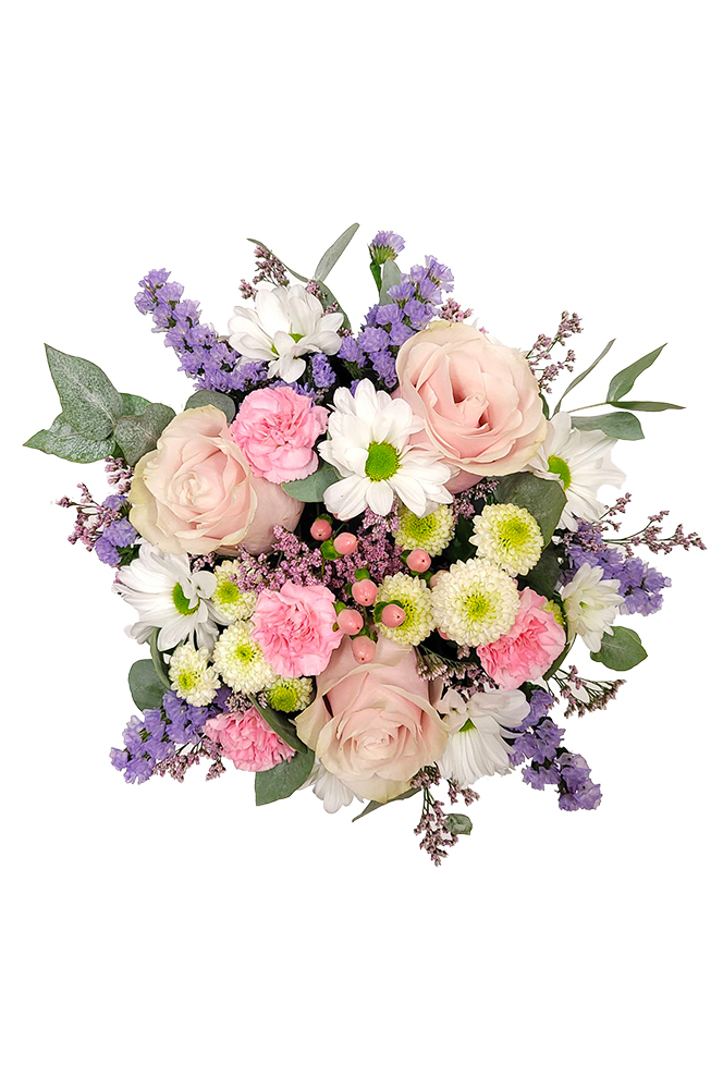 Box s růžovými růžemi, chryzantémami a santinkami