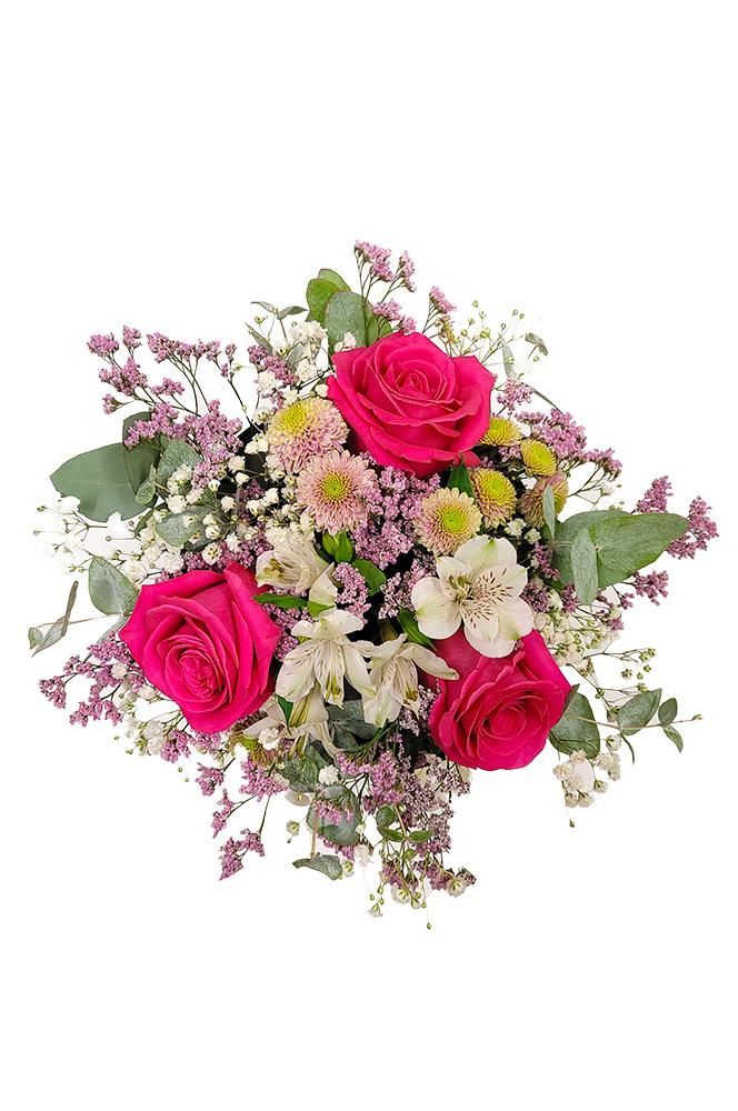 Box s fuchsiovými růžemi, alstromerií a eukalyptem