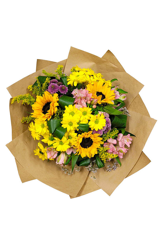 Zářivá kytice slunečnic, chryzantém a alstromerií